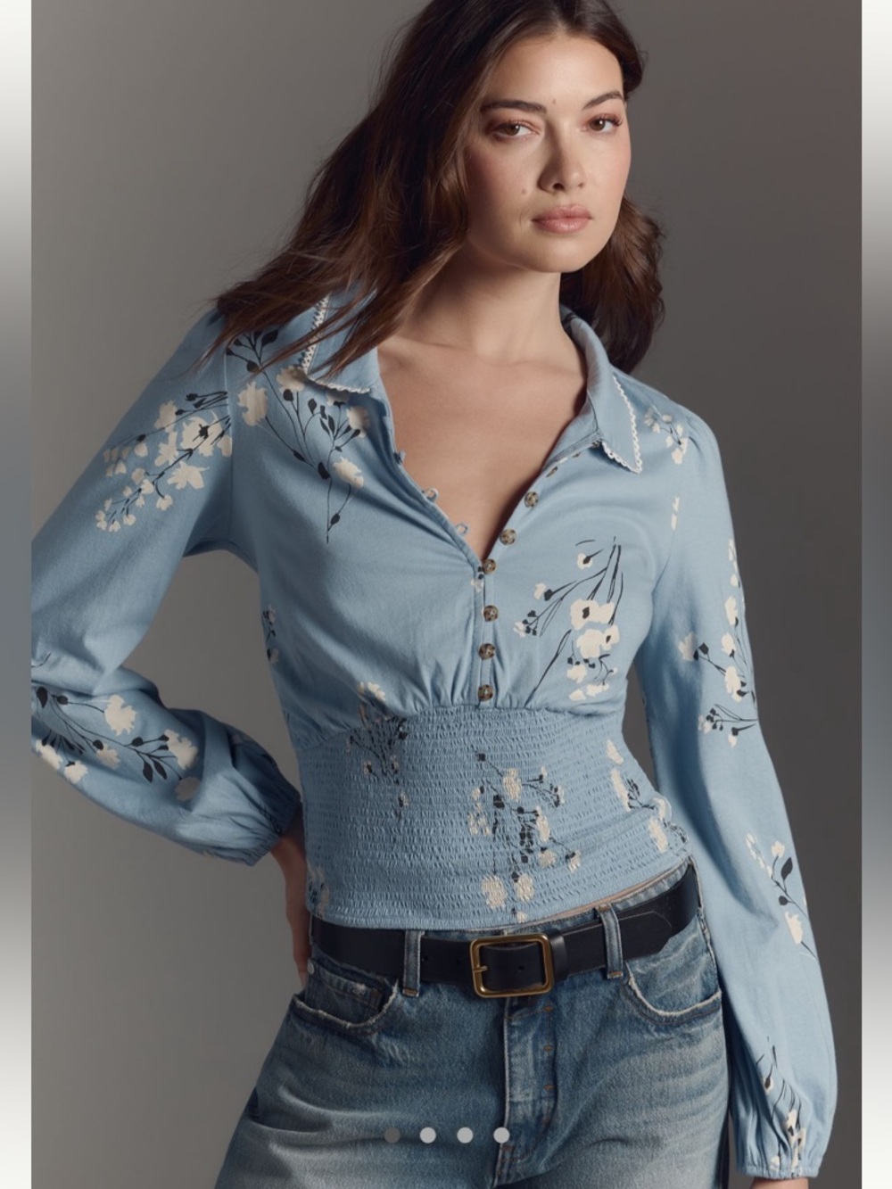 Anthropologie Maeve Smocked Buttondown Top